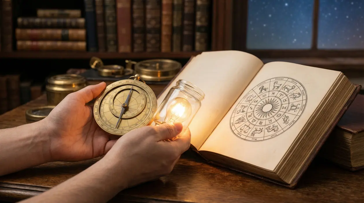 Mani tengono un astrolabio e una lampadina accesa accanto a un libro aperto con simboli zodiacali
