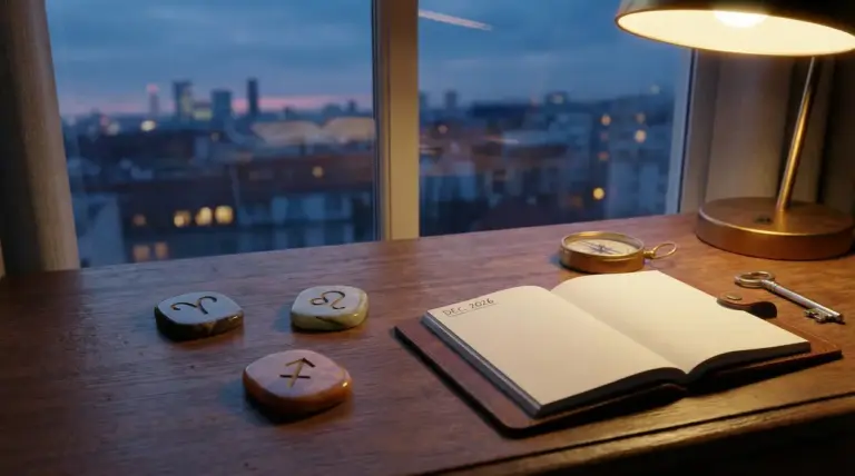 Taccuino aperto su una scrivania con simboli zodiacali e una bussola