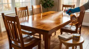 Pulizia di un tavolo in legno con spray e panno, sedie in legno in una sala da pranzo luminosa