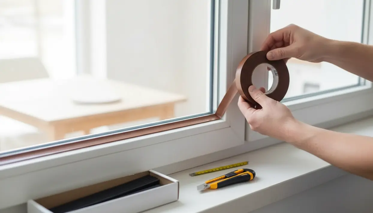 Mani che applicano una striscia adesiva sigillante sul telaio di una finestra per ridurre gli spifferi