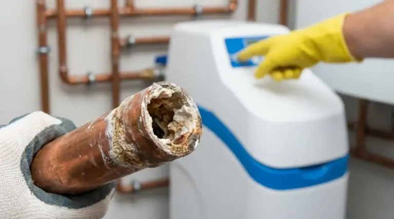 Tubo in rame con incrostazioni di calcare, con addolcitore dell’acqua sullo sfondo
