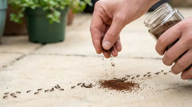 Mano che sparge polvere di caffè su una fila di formiche sul pavimento, rimedio naturale contro le formiche