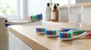 Primo piano di spazzolini da denti con setole di vari colori su un lavabo in bagno