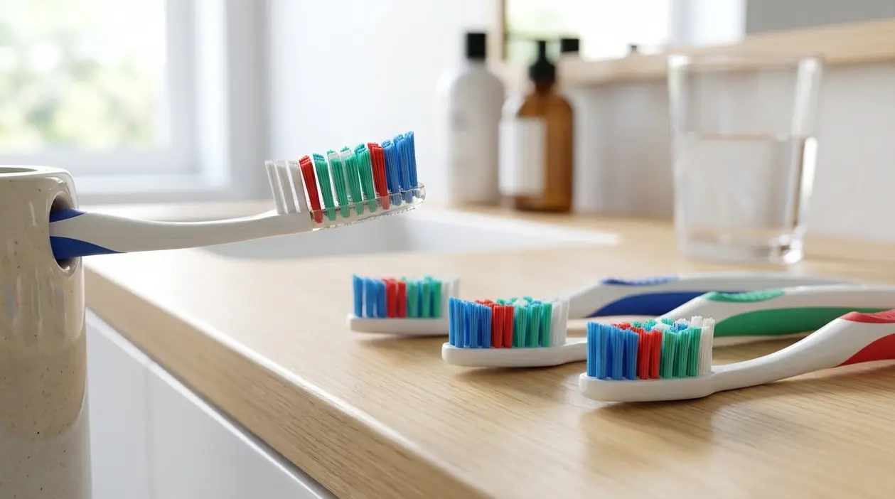 Primo piano di spazzolini da denti con setole di vari colori su un lavabo in bagno