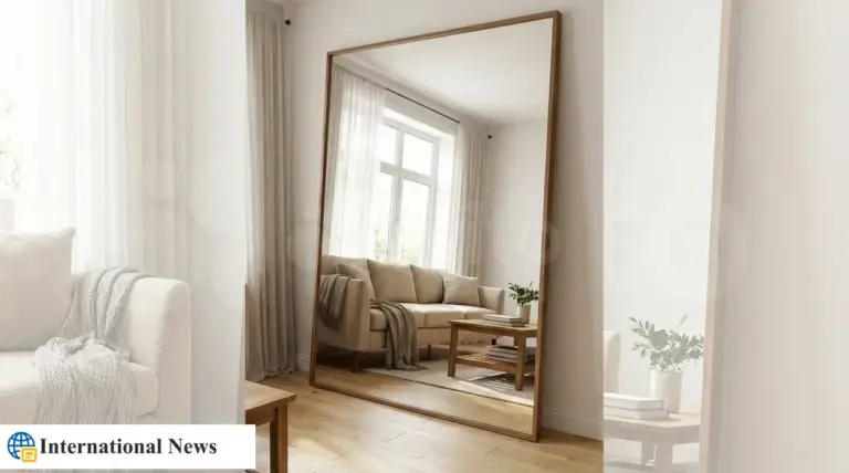 Grande specchio a pavimento in soggiorno luminoso che riflette divano e finestra, creando un effetto di spazio ampliato