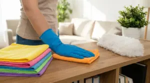 Una persona con guanti pulisce un tavolino in legno con un panno in microfibra, con altri panni e uno spolverino accanto