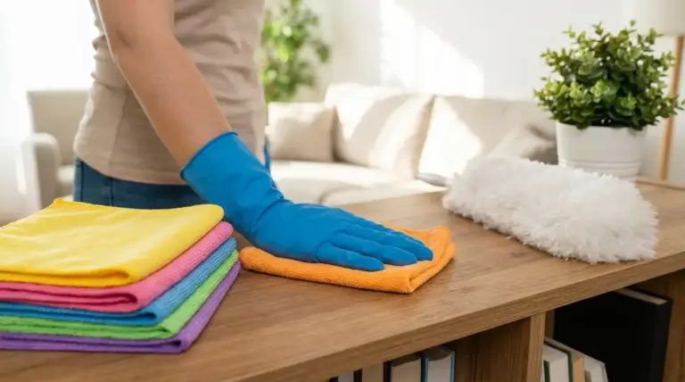 Una persona con guanti pulisce un tavolino in legno con un panno in microfibra, con altri panni e uno spolverino accanto