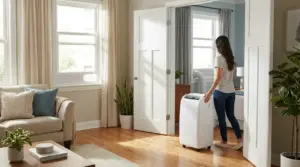 Persona che sposta un condizionatore portatile con tubo verso un’altra stanza in casa