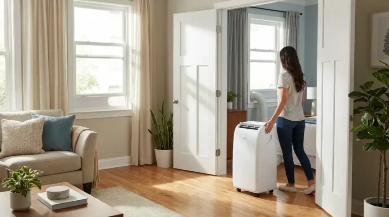 Persona che sposta un condizionatore portatile con tubo verso un’altra stanza in casa