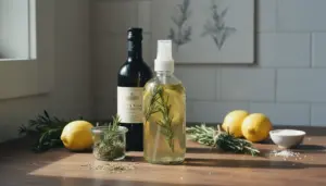 Spray naturale con aceto, rosmarino e limone su un tavolo, ideale per eliminare i cattivi odori in casa