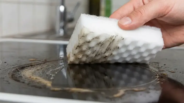 Mano che usa una spugna magica su un piano cottura con sporco ostinato