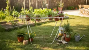 Vecchio stendino riutilizzato come supporto per vasi e piante in giardino, con attrezzi da giardinaggio sul prato