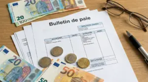 Busta paga francese con euro su un tavolo