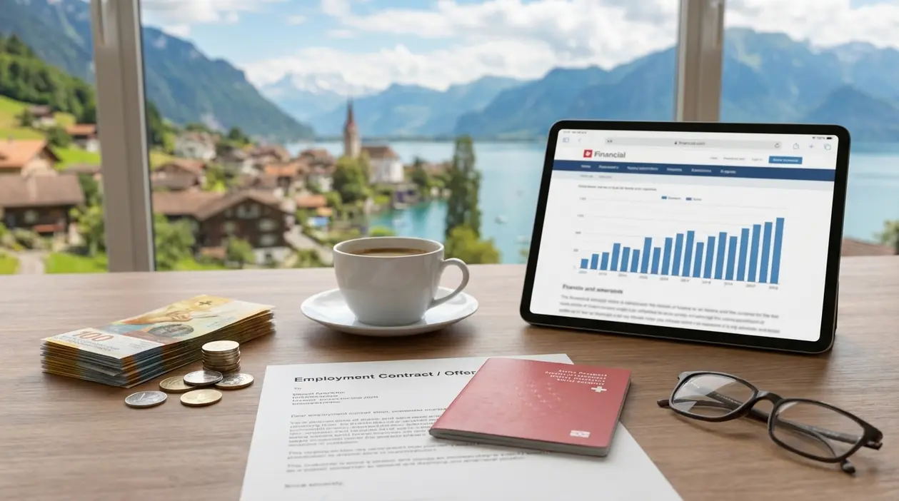 Scrivania con passaporto svizzero, contratto di lavoro, contanti e tablet con grafico, vista su lago e montagne