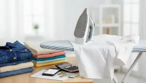 Ferro da stiro su asse con camicia bianca, vestiti piegati e calcolatrice su un tavolo