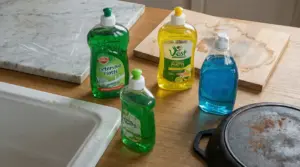 Bottiglie di detersivo per piatti su un piano cucina accanto a superfici rovinate