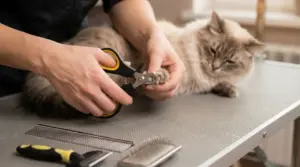 Persona che taglia le unghie a un gatto su un tavolo da toelettatura