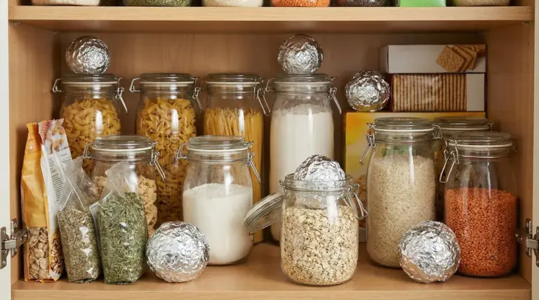 Dispensa con barattoli di pasta, riso e farina e palline di carta stagnola per prevenire le tarme alimentari