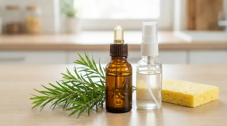 Flacone contagocce e spray con tea tree oil su un tavolo, accanto a ramoscelli verdi e una spugna