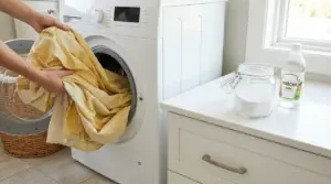 Persona inserisce tende ingiallite nella lavatrice con barattolo di bicarbonato e bottiglia di aceto sul piano