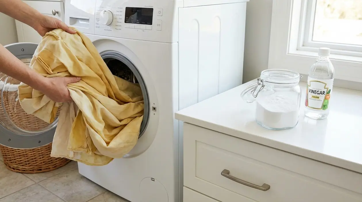 Persona inserisce tende ingiallite nella lavatrice con barattolo di bicarbonato e bottiglia di aceto sul piano