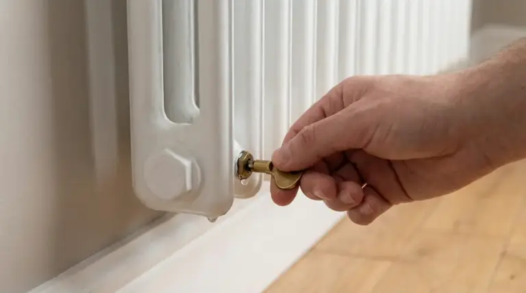 Mano che usa una chiave per sfiatare un termosifone bianco, per migliorare il riscaldamento del radiatore