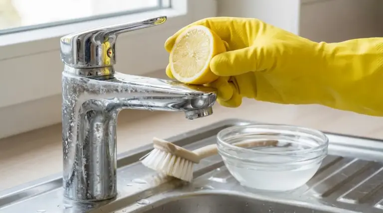 Mano con guanto giallo pulisce un rubinetto con macchie di calcare usando mezzo limone vicino al lavello