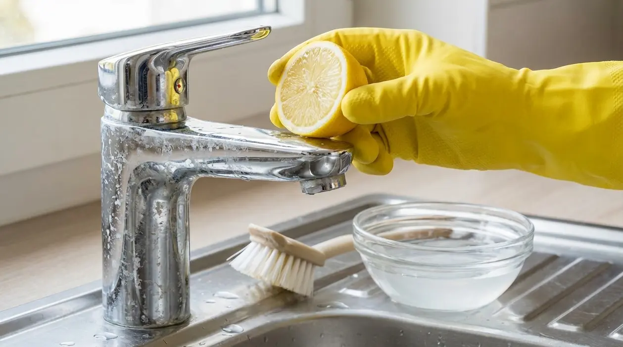 Mano con guanto giallo pulisce un rubinetto con macchie di calcare usando mezzo limone vicino al lavello