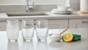 Bicchieri con patina opaca sul piano cucina, con limone, ciotola di bicarbonato e spugna per la pulizia