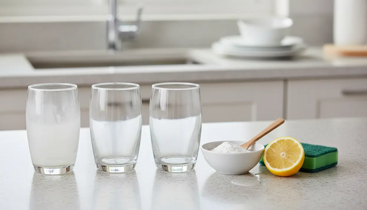 Bicchieri con patina opaca sul piano cucina, con limone, ciotola di bicarbonato e spugna per la pulizia