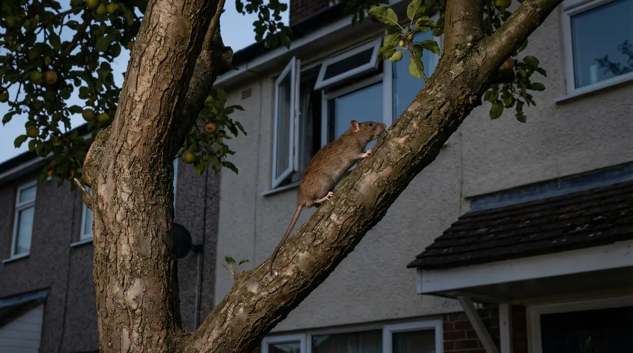 Un topo si arrampica su un albero vicino a una casa con finestra aperta
