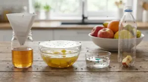 Quattro trappole fai da te per moscerini della frutta su un tavolo di cucina con esche liquide e frutta