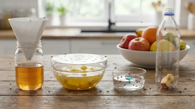 Quattro trappole fai da te per moscerini della frutta su un tavolo di cucina con esche liquide e frutta