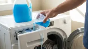 Persona versa troppo detersivo liquido blu nel cassetto della lavatrice, con schiuma che trabocca