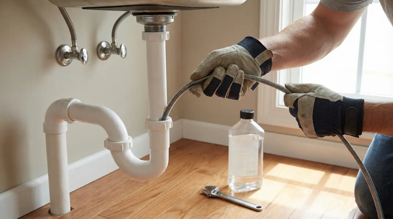 Pulizia dello scarico del lavandino con sonda sturalavandini sotto il lavabo, per prevenire intasamenti nei tubi