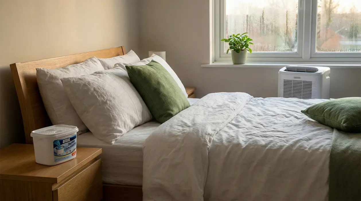 Camera da letto con letto rifatto, deumidificatore e contenitore assorbi-umidità vicino alla finestra