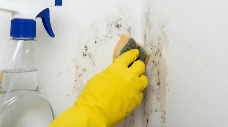Mano con guanto giallo pulisce una macchia di umidità e muffa su una parete bianca con una spugna