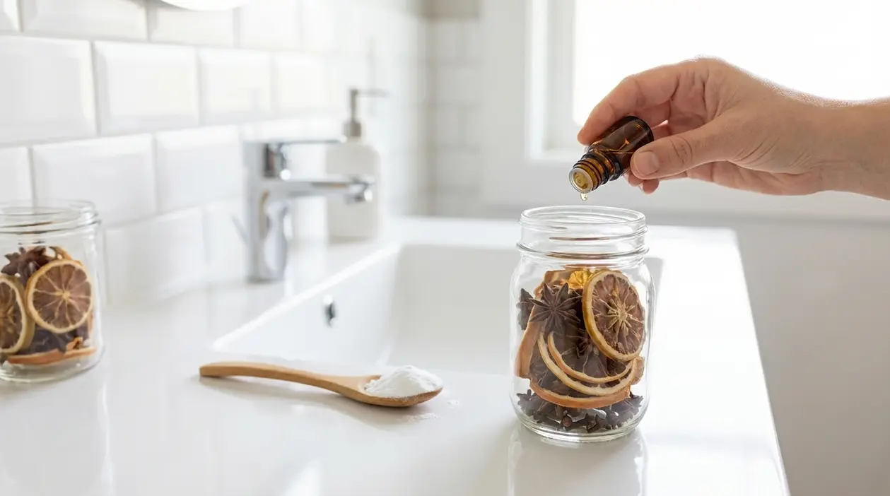 Mano che versa olio essenziale in un barattolo con agrumi secchi e spezie su un lavabo del bagno