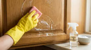 Mano con guanto giallo pulisce un mobile da cucina in legno con spugna e detergente naturale