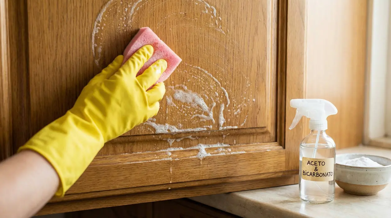 Mano con guanto giallo pulisce un mobile da cucina in legno con spugna e detergente naturale