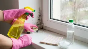 Pulizia della muffa intorno a una finestra con spray e spazzola, mentre il vetro è appannato dalla condensa