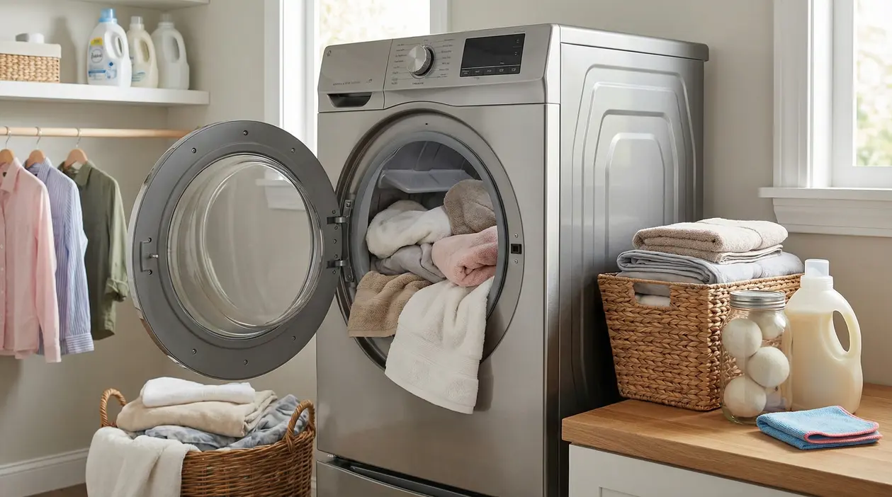 Asciugatrice aperta con panni asciutti accanto a ceste e prodotti per il bucato