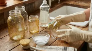 Mani con guanti lavano un barattolo di vetro unto con spugna e acqua saponata su un piano di legno