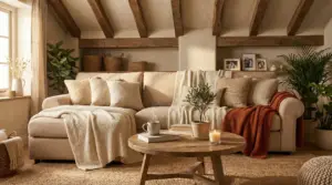 Soggiorno accogliente con divano beige, coperte e cuscini, tavolino in legno con candela e piante, travi a vista