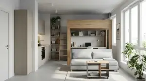 Monolocale moderno con letto a soppalco in legno, zona studio integrata e divano vicino a grandi finestre