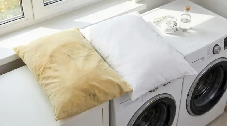 Due federe su lavatrice: una ingiallita e macchiata di sudore, l’altra bianca e pulita, accanto a barattolo e bottiglia