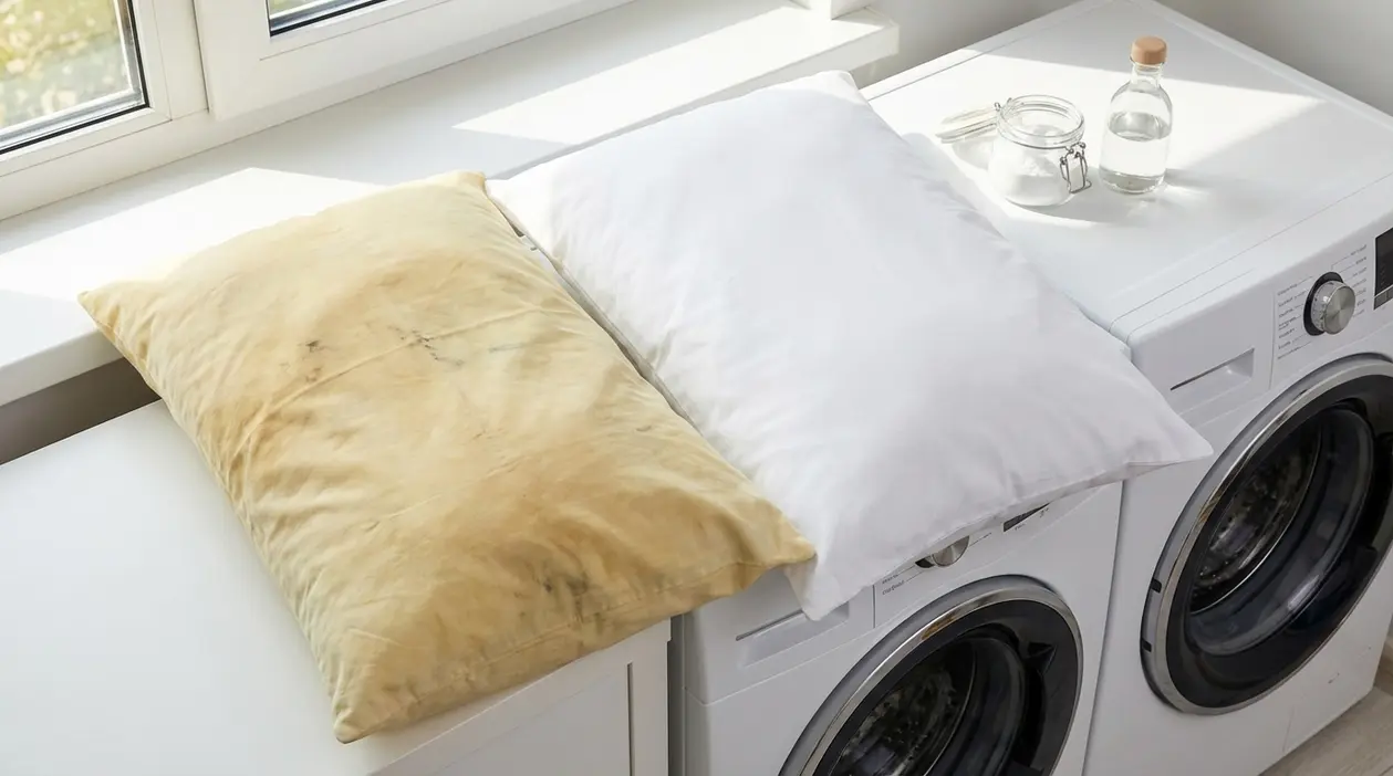 Due federe su lavatrice: una ingiallita e macchiata di sudore, l’altra bianca e pulita, accanto a barattolo e bottiglia