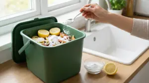 Mano che versa bicarbonato nel secchio dell’organico con scarti e limone su un piano cucina vicino al lavello