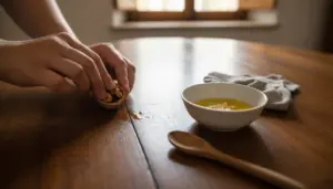 Mani che strofinano una noce su un tavolo in legno graffiato accanto a una ciotola di olio