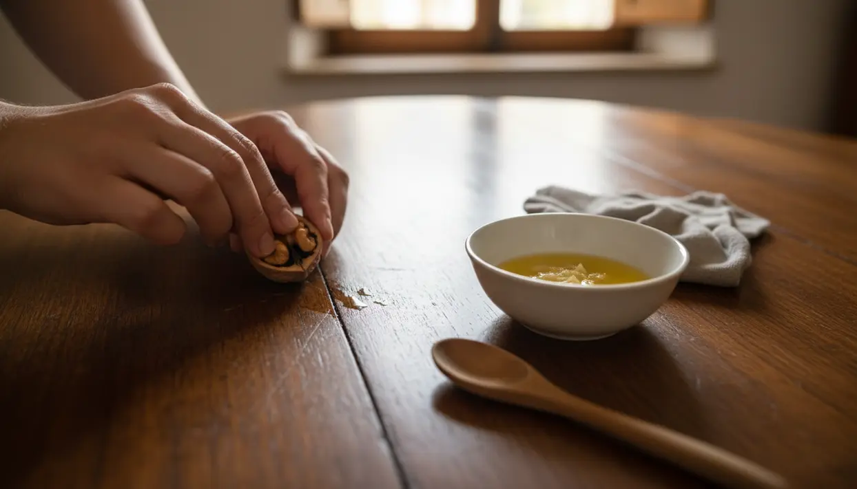 Mani che strofinano una noce su un tavolo in legno graffiato accanto a una ciotola di olio